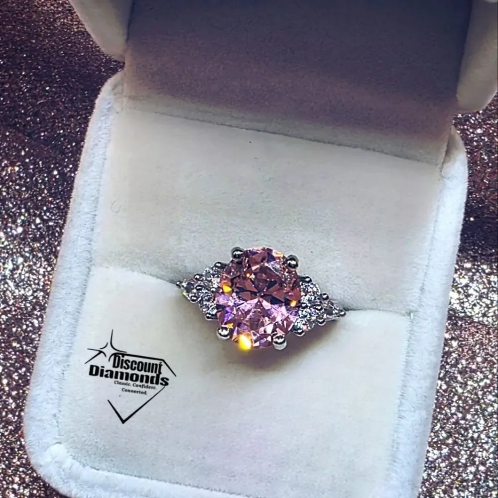 Pink Sapphire & White Baguette  Diamond Coctail Ring on 925 Silver